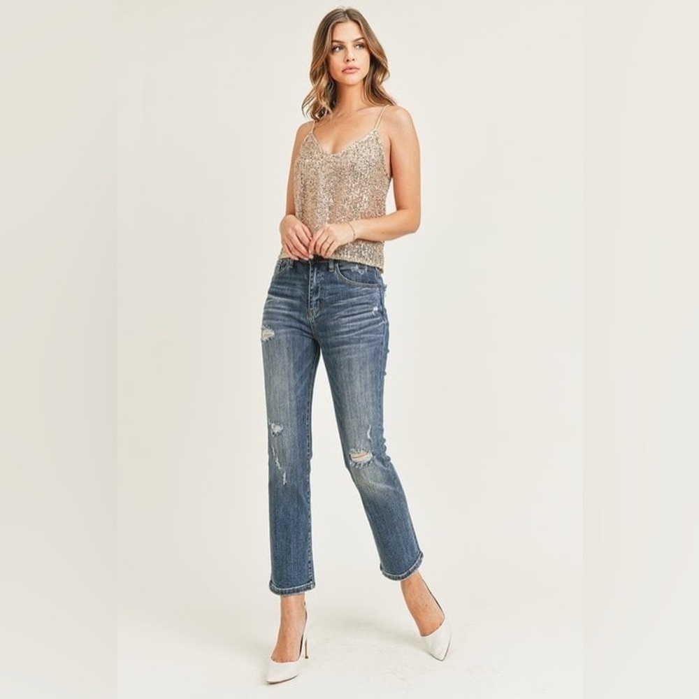 RISEN Jeans Women 25 size 1 Straight High Waisted Distressed Denim Ankle Cropped